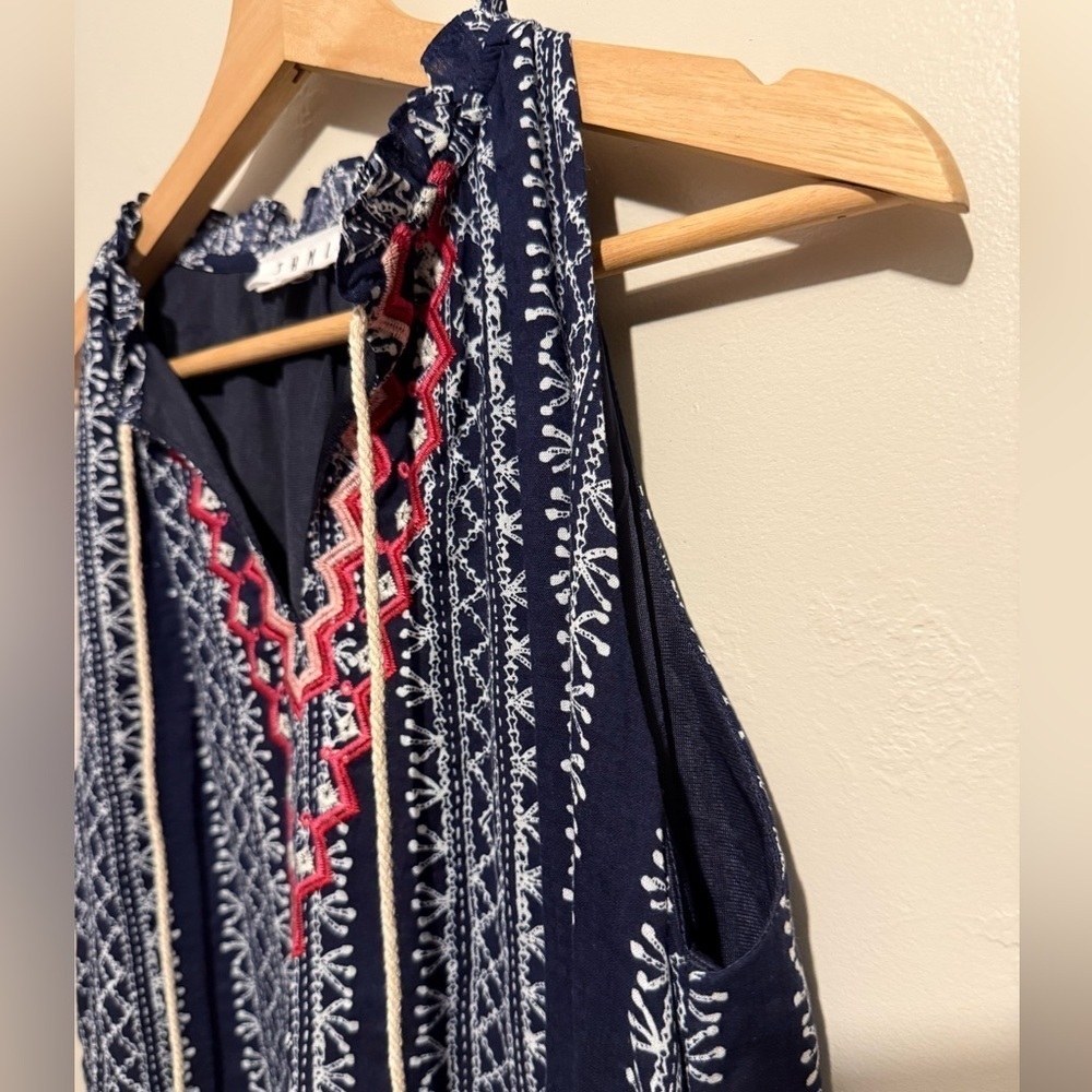 Anthropologie THML Navy, Red & White Embroidered Swing Dress Tassel Accents Med - Picture 6 of 14